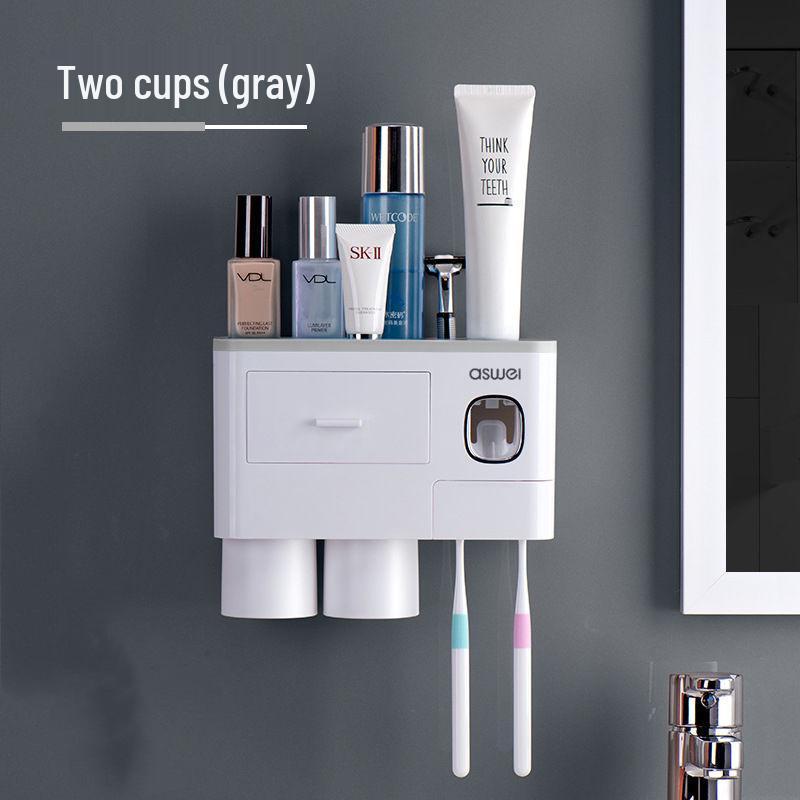 

Drawer-Style Wall-Mounted Toothbrush Holder Set with Magnetic Suction Mouthwash Cup