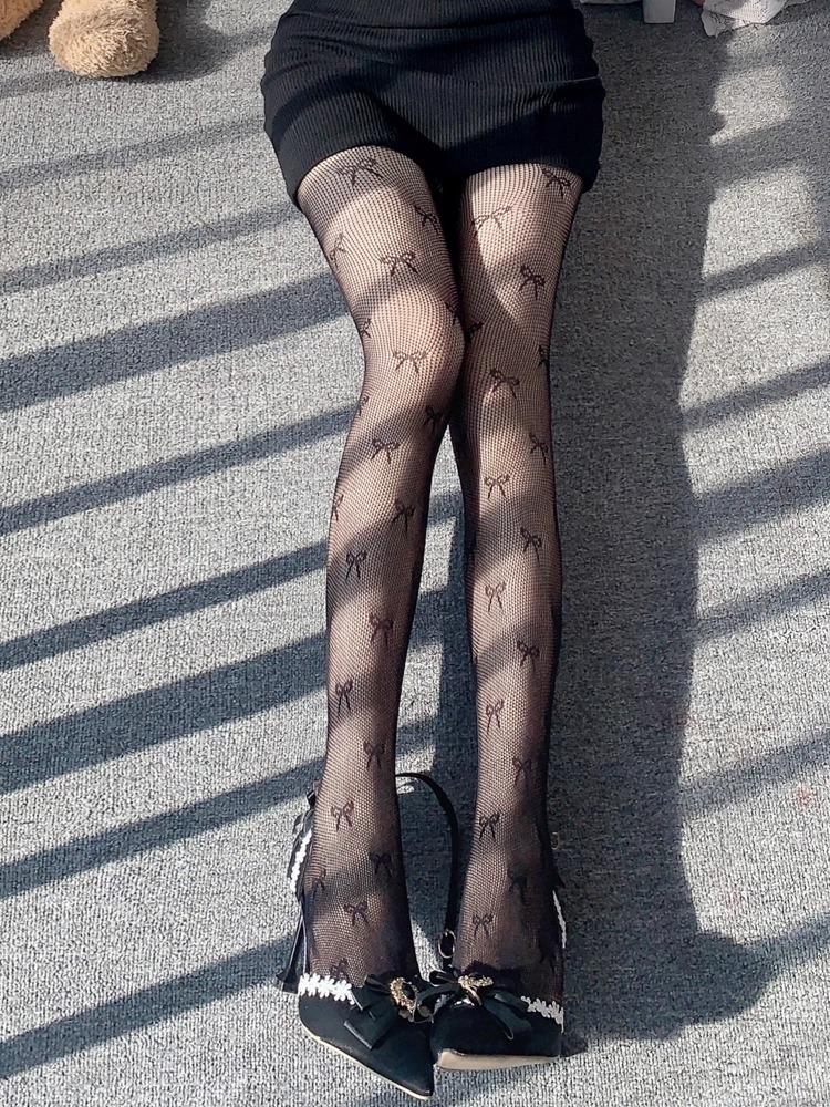 New Design Small Bow Print Bottomed Pantyhose Women Sexy Anti Hook Mesh Tights Uniform Cos French Retro Cute Fishnet Stockings