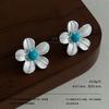 Gold and Silver Two-color Leaf Vein Flower Stud Earrings Turquoise Pearl Flower Heart Retro Fresh Chinese Holiday Commuter Temperament Earrings