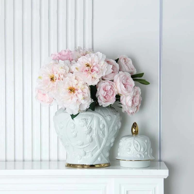 Ceramic Pot Porcelain Ginger Jar Embossed Flower Pattern Storage Tank Flower Vase Shogun Jar Home Decoration Accessories