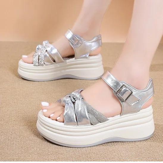 

Fashion 2025 New Wedge-heeled Sandals Women Round Head Casual Wear Open-toe Line with Female Beige Silver Pink Sandals 40 серебряный