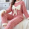 Autumn Winter Women Pajama Set Bow Thickened Flannel Coral Fleece Long Sleeve Tops Pants Sleepwear Sweet Cozy Ladies Homewear