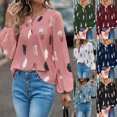 Women's Clothes Spring Autumn V-neck Loose Fit Long Sleeve T-shirts Feather Print Tops Casual Tees Shirts Women Shirts