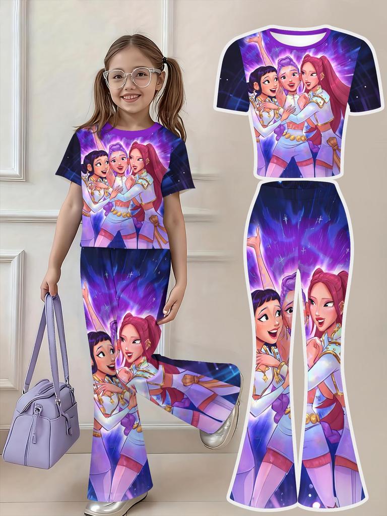 Demon Hunter Kpop Girl Group Bell Pants Set - Comfy Short Sleeve and Long Pants for Spring & Autumn