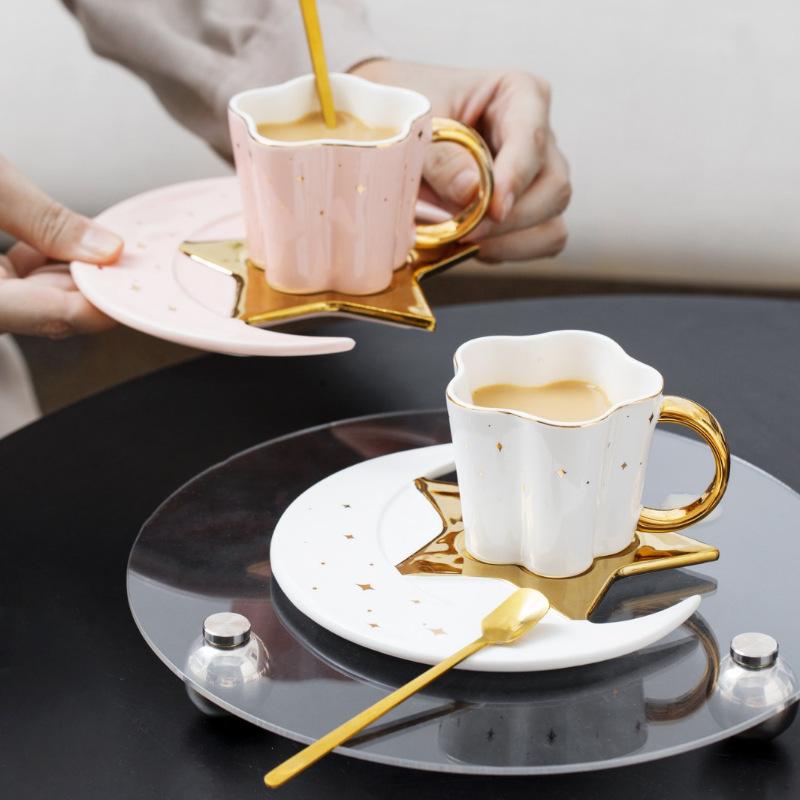 Nordic Ceramic Coffee Cup Saucer Creative High end Gold-patterned Hand Patterned Mug Fashionable Star Moon Style Coffee Cup Saucer