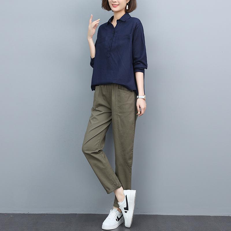 

Женский стильный хлопковый костюм-двойка Весна 2024: Повседневная мода для мам XXL (recommended for 135-150 jin) армия зеленый/темно-синий