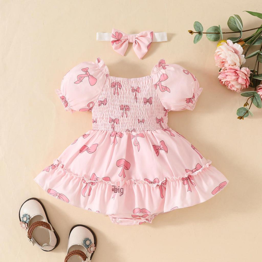 2025 Summer Newborn Ruffle Dress with Lantern Sleeves, Strawberry Butterfly Pattern, and Snap Closure.