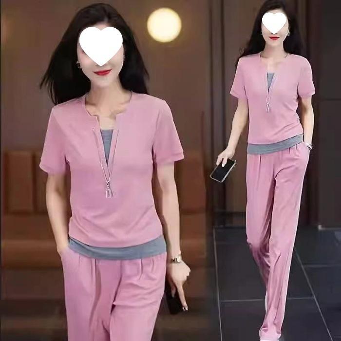Short-sleeved Casual Sports Suit for Women, Summer Fashion, Age-reducing Vacation, Two-piece Top, Straight-leg Pants, Two-piece Set