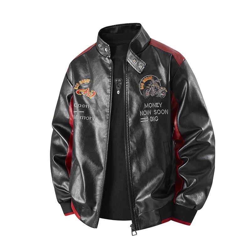 Mens Oversized Embroidered Biker Jacket Hooded Loose Fit Faux Leather Streetwear Coat Size M-8XL