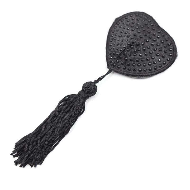 Women Rhinestones Heart Shape Nipple Cover with Tassels Reusable Adhesive Pasties Rave Club Party Breast Pads Sticky Bra