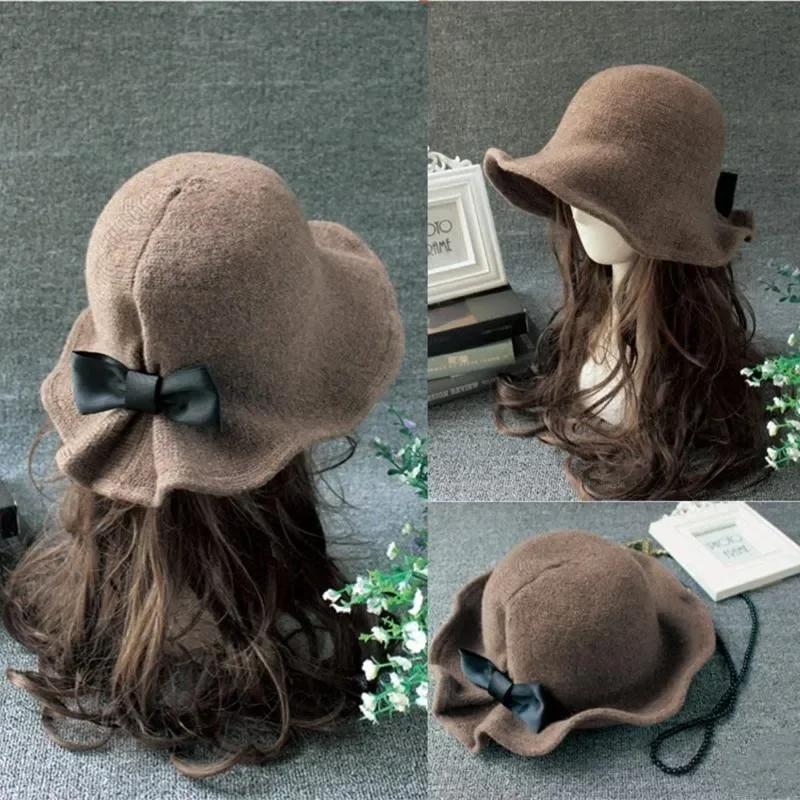 Vintage Wool Bucket Hats Women Fashion Bows Basin Fisherman Hat Winter Black Coffee Dark Camel Hat Ladies Head Accessories