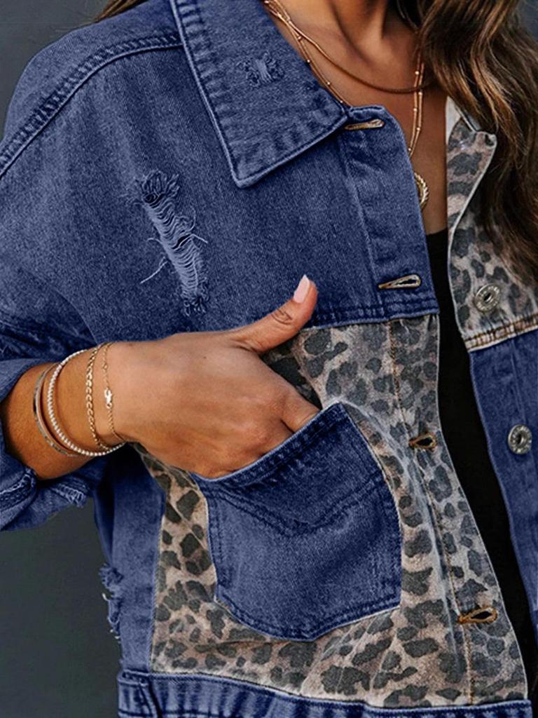 European-American Leopard Print Patchwork Ripped Denim Jacket - Women's Casual Autumn Fashion.