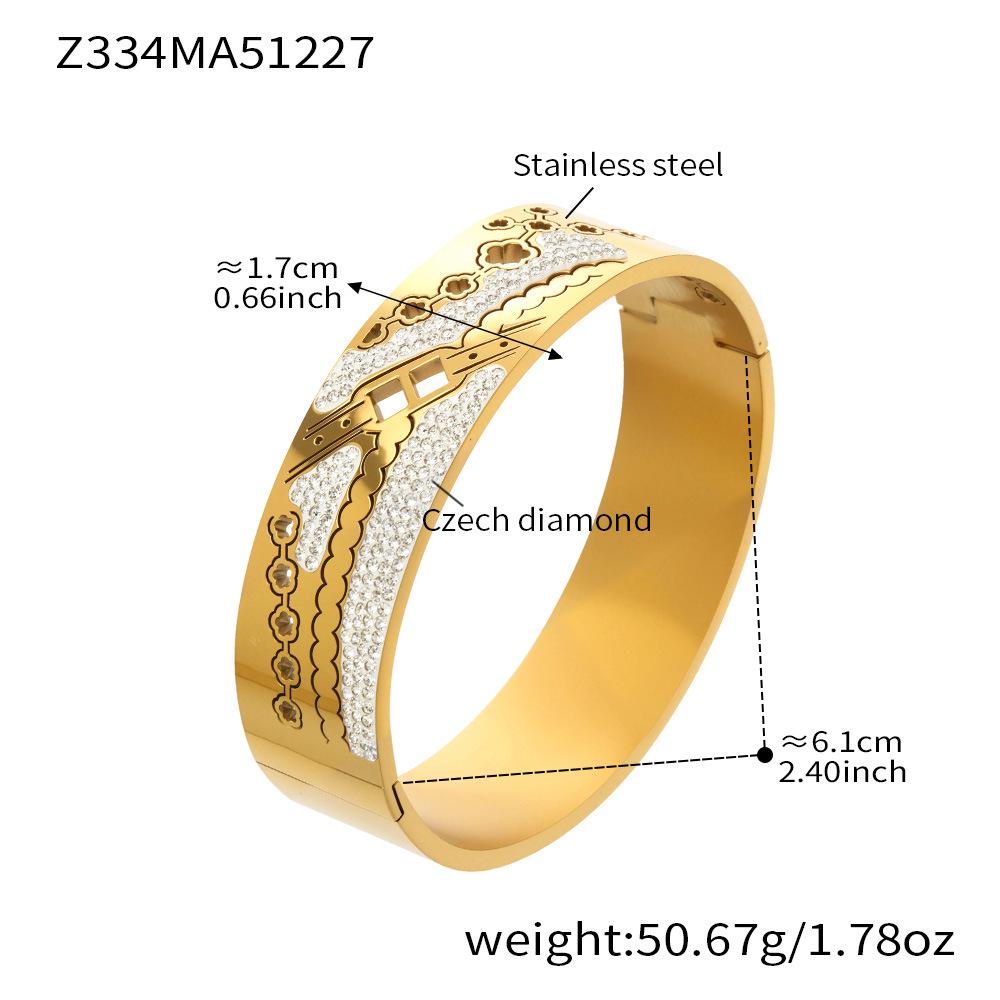 18K Gold Plated Honeycomb Pattern Stainless Steel Wide Bracelet with Zirconia Inlaid - European & American Fashion.