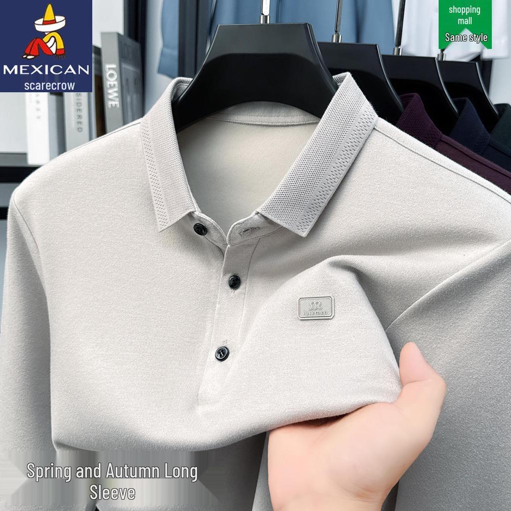 Scarecrow Herren Langarm-Poloshirt, Unifarben, Baumwolle, Lässige lockere Passform für Frühling und Herbst 2025