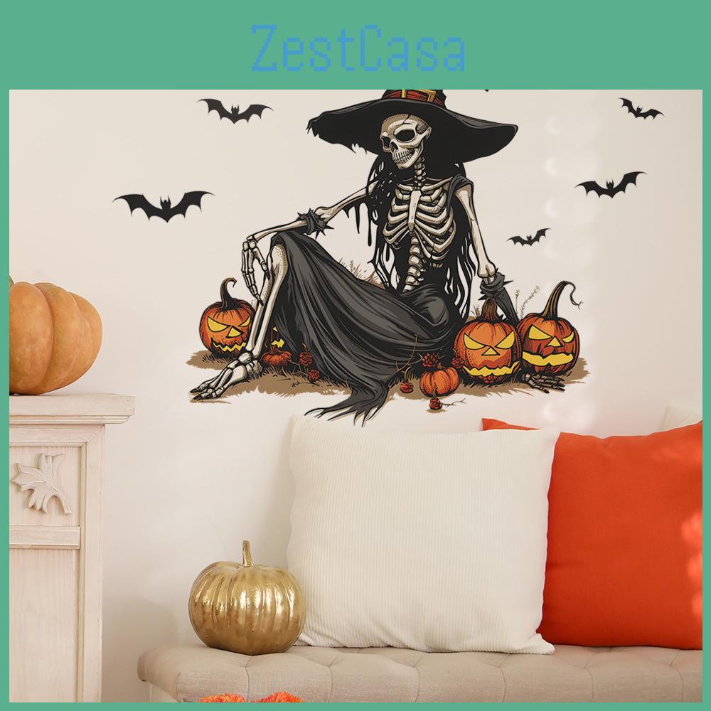 Halloween Witch Skeleton Pumpkin Bat Living Room Foyer Background Decor Stickers