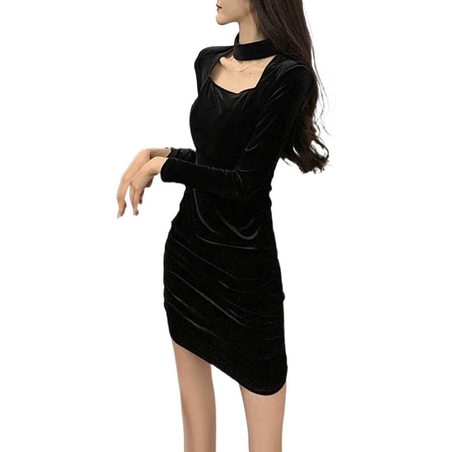 Gold Velvet Slim Fit Dress: Women's Sexy & Warm Autumn/Winter Style