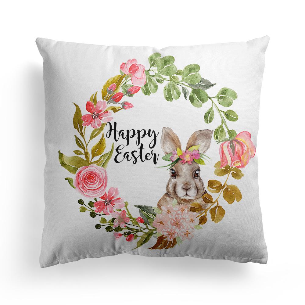 New Spring Easter Pillow Case Bunny Flowers Wreath Peach Skin Fleece Print Pillow Clothes Cover