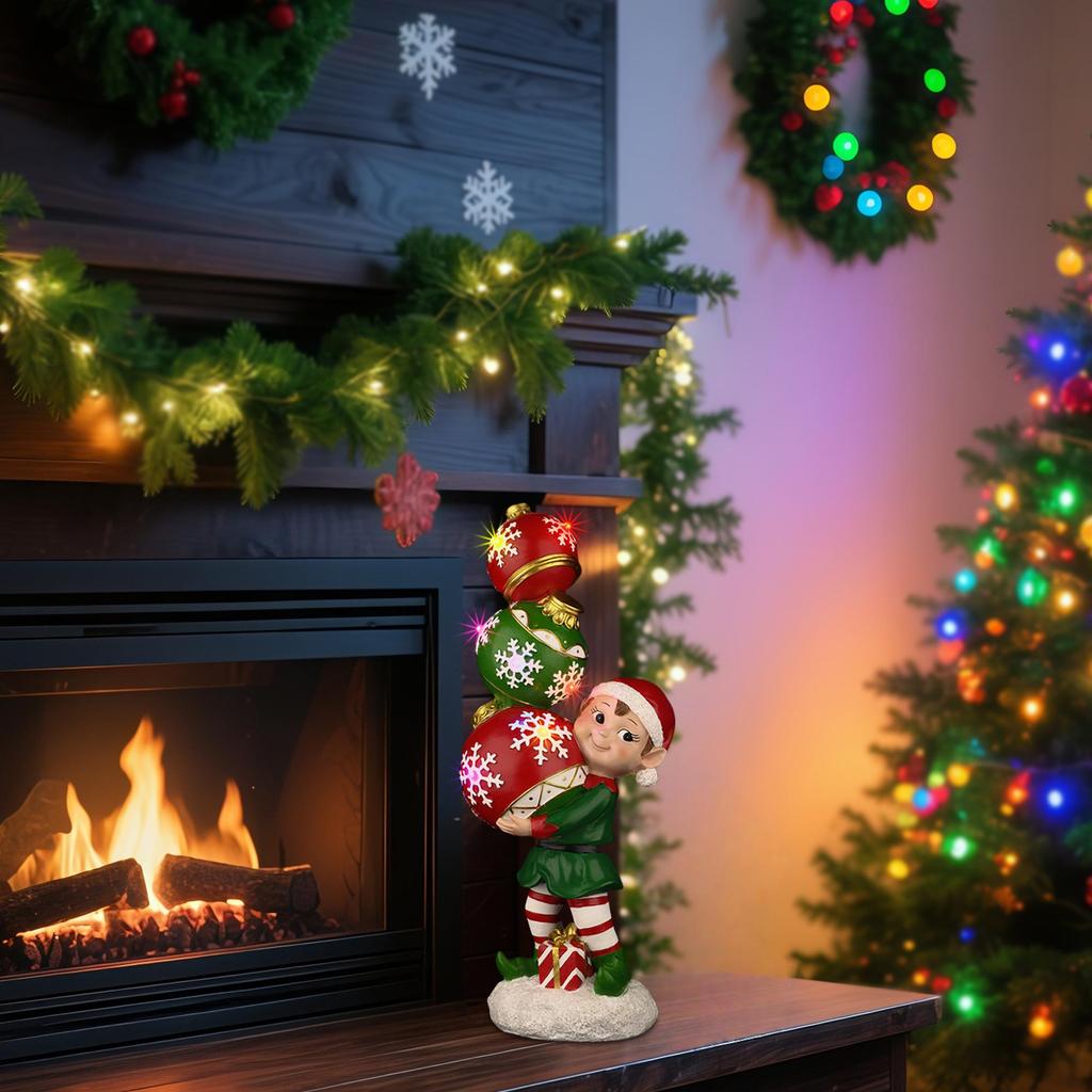 YUETJIN 12" Indoor Farbwechselnde Gestapelte Weihnachtskugel Elfenornament – Schneeflocken-Weihnachtsdekoration mit LED-Lichtern