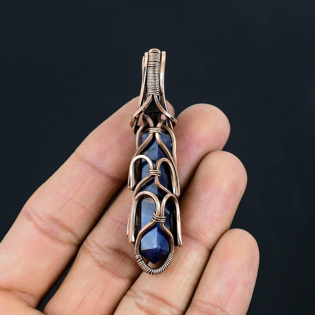 Sodalite Gemstone Handmade Pure Copper Wire Wrap Jewelry Pendant For Thanksgiving