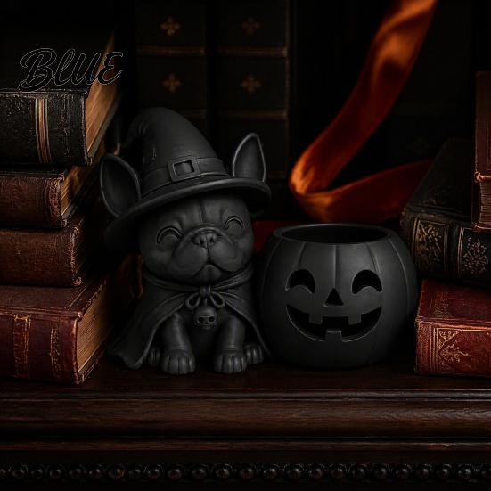 Cute Dog Halloween Gift French Bulldog Witch Statue 3D Printed Pumpkin Candle Holder Spooky PLA Ornament Figurine Tabletop Decor for Holiday