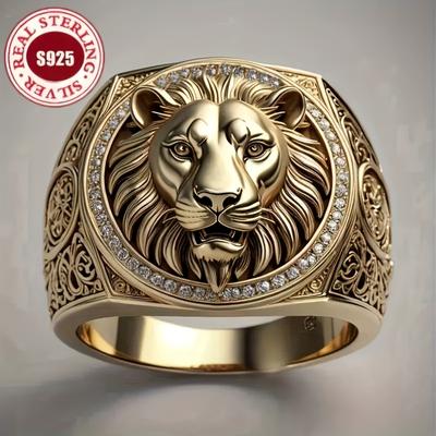 S925Silber Majestätischer Löwenkopf goldenes Emblem Ring Herren Vintage graviert eingelegt 5A Zirkon Ring Europäischer und Amerikanischer Stil Mode Accessoires