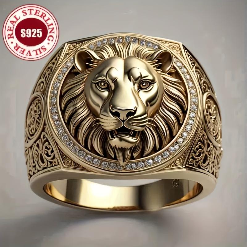 Anello Sigillo Leone Maestoso in Argento S925 Dorato Uomo Vintage Inciso Intarsio Zircone 5A Anello Stile Europeo e Americano Accessori Moda