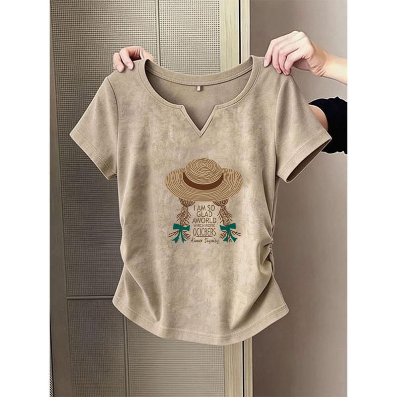 Khaki shoulder V-neck cotton short-sleeved T-shirt for women, new pleated waist top, bottoming shirt for summer S