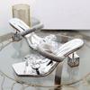 Large size cool slippers women's new metal buckle one-word drag special-shaped heel rhinestone sandals women