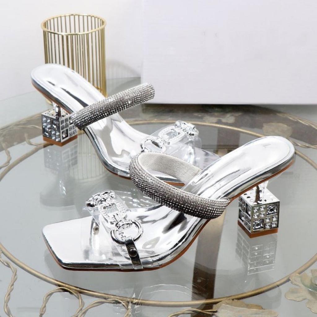Large size cool slippers women's new metal buckle one-word drag special-shaped heel rhinestone sandals women