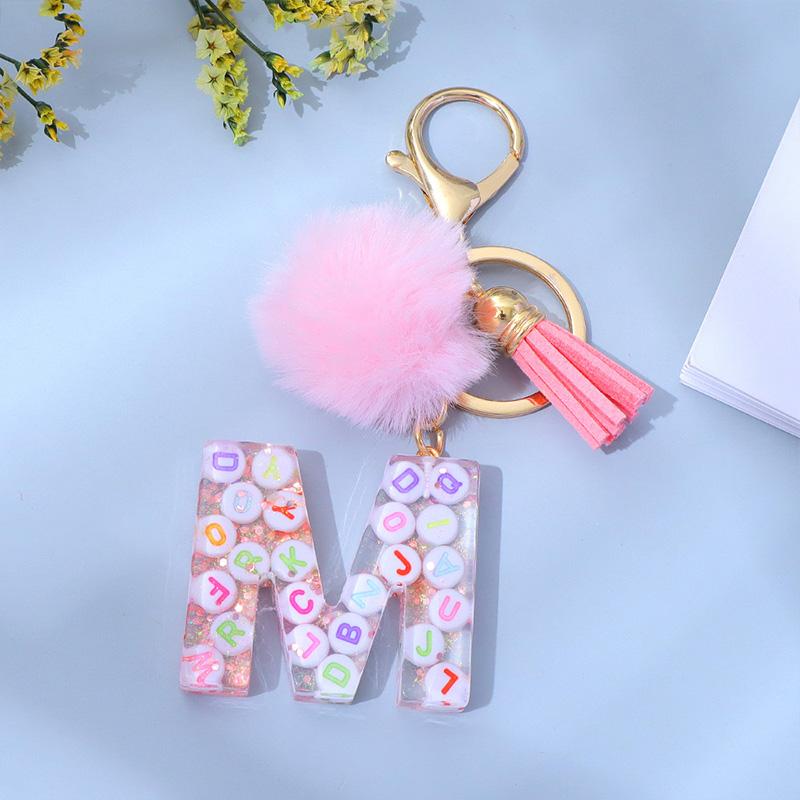1PC Keyring Key Accessory Letter Filled Colourful Initial Pendant With Fluffy Keychain Glitter Tassel Charms For  Bags Backpacks