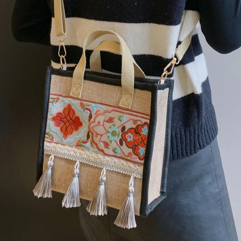 WTEMPO Ethnic Style Casual Versatile Hemp Strap Bags Women's Zipper Crossbody Bags Tassel Singer Shoulder Bags