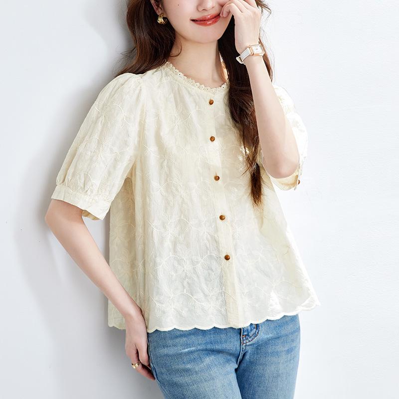 Women's Pure Cotton Lace Floral Round Neck Shirt with Five-Point Sleeves, 2026 Summer Collection.