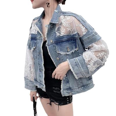 Džínsy Bundy Leto Dlhý Rukáv Veľký Dámsky Kabát Voľná ​​čipka Patchwork Top Dámsky Denim Kabát