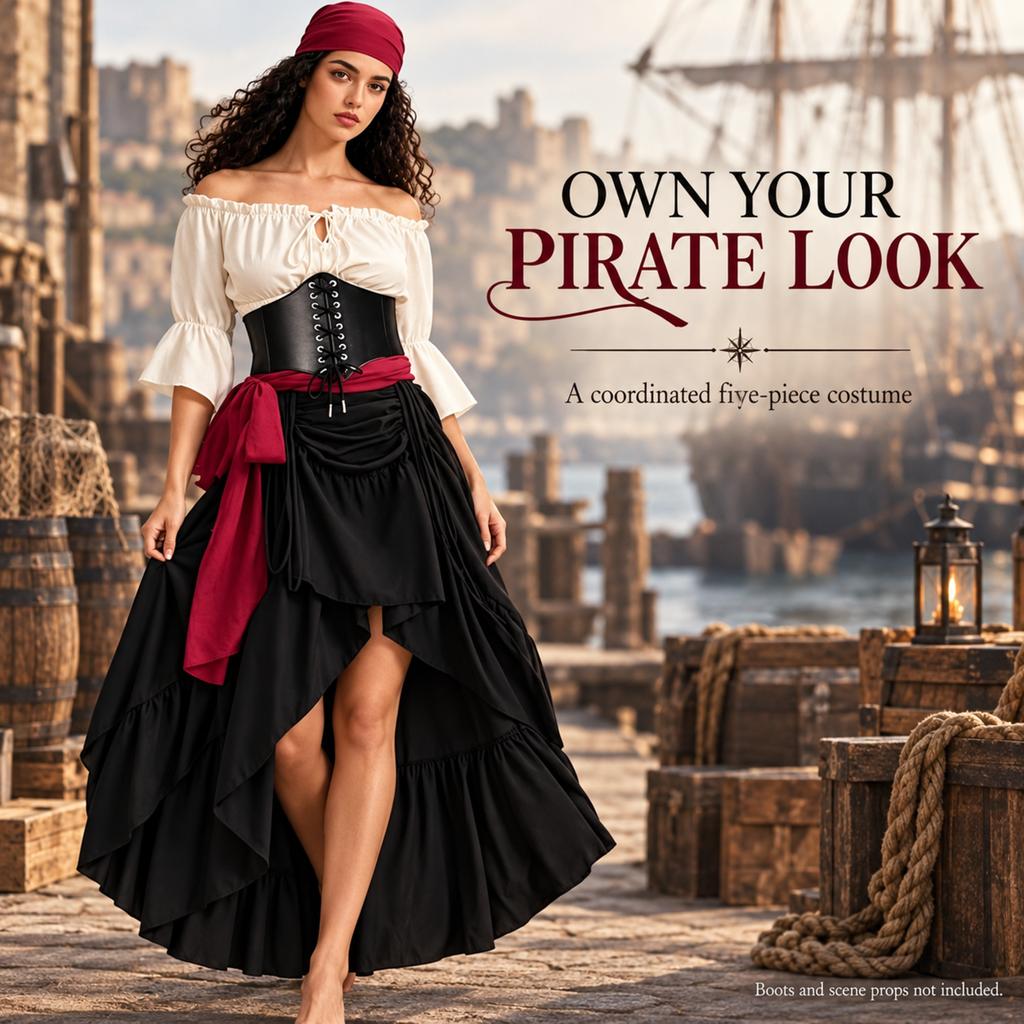 Womens Pirate Costume Set Blouse Skirt Corset Belt Sash Headscarf for Halloween Renaissance Faire Cosplay Party Bold Adventure