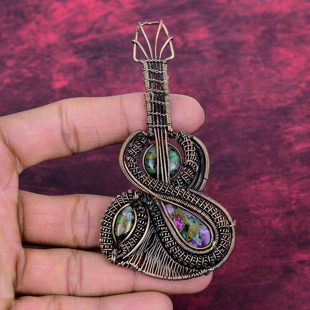 Copper Ruby Zoisite Gemstone Pendant Copper Wire Wrapped Jewelry Guitar Pendant