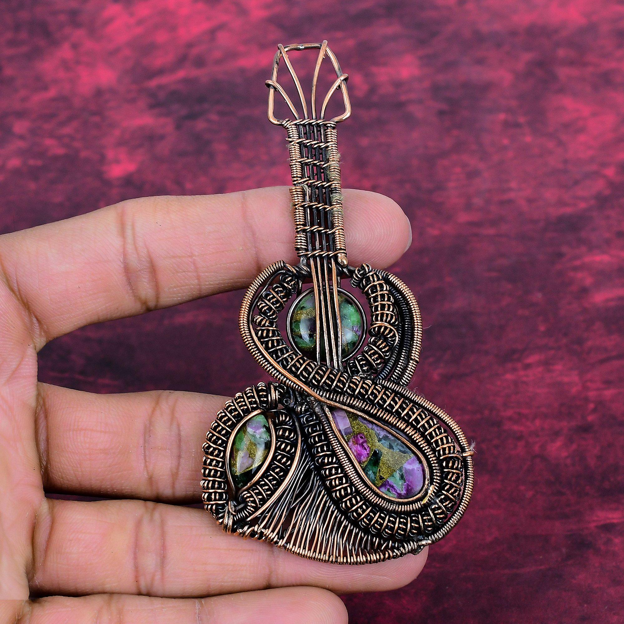 Copper Ruby Zoisite Gemstone Pendant Copper Wire Wrapped Jewelry Guitar Pendant