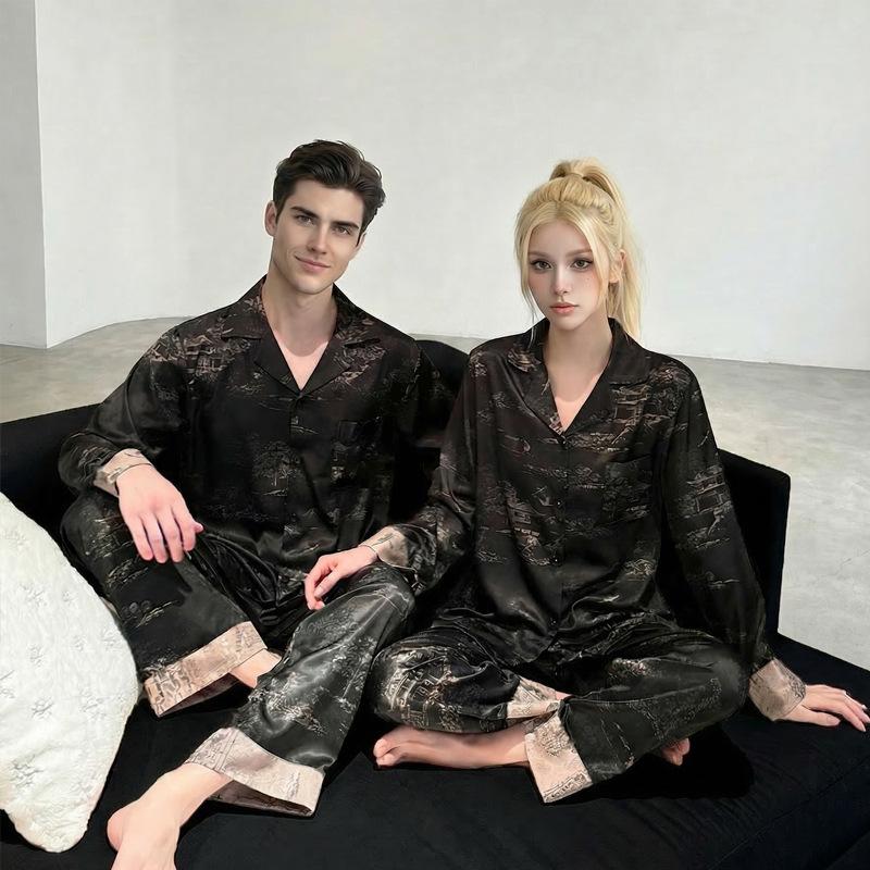 Men's and women's ice silk couple pajamas women's spring and autumn light luxury loungewear loose fashion jacquard men's pajamas set