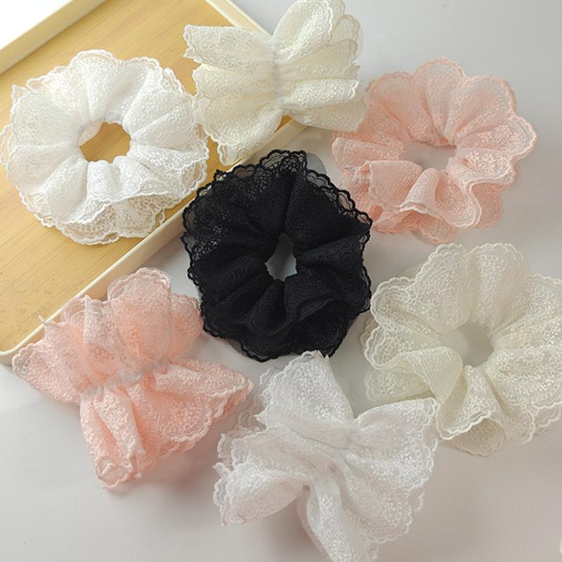 New Large Women Lace Scrunchies 4 Layers Lace Mesh Hair Bands Elegant Gentle Ponytail Holder Rubber Band Hair Accessories