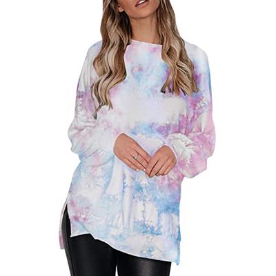 2024 European and American Women's Popular Tie Dye Gradient Round Neck Lantern Sleeve Side Split Off Shoulder Loose Hoodie