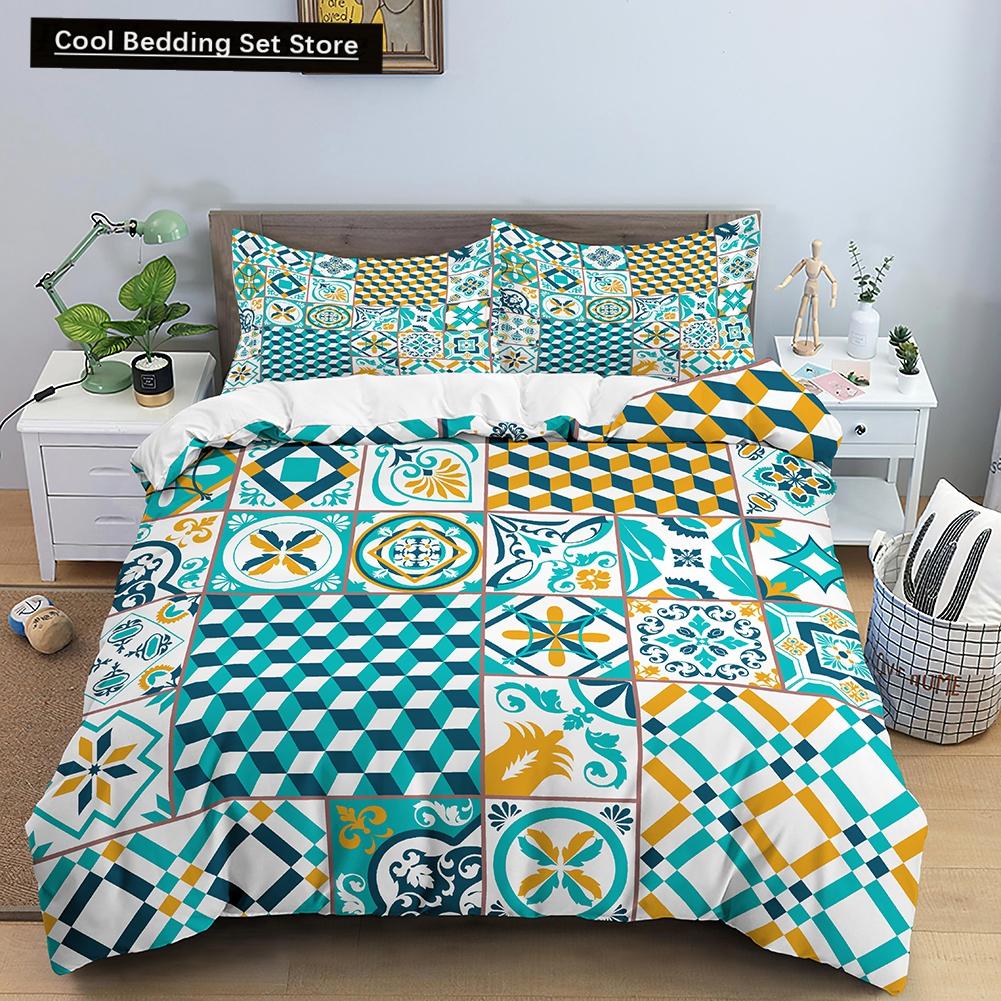 Geometric Mandala King Queen Duvet Cover Boho Ethnic Style Bedding Set for Teens Adults Mediterranean Soft Polyester Quilt Cover
