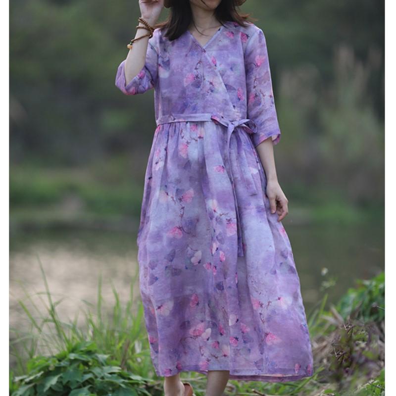Johnature Woman Spring Fashion Casual V-Neck Chinese Style Dress Niche Vintage Style Print Dress