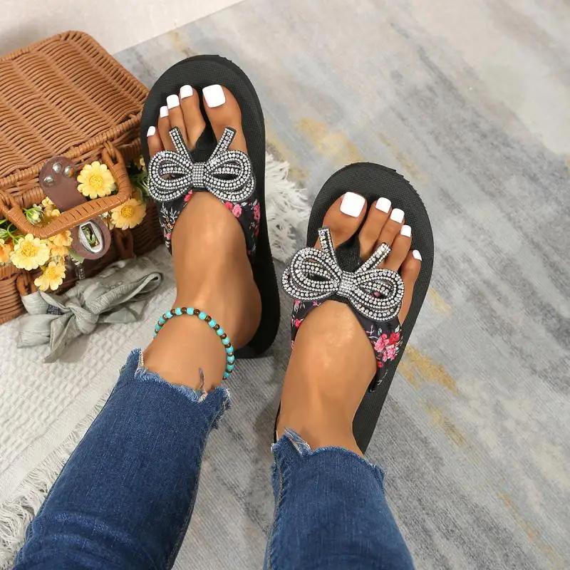 Fashion Women Large Crystal Butterfly-Knot Clip Toe Sandals Multi-Color Print Floral Beach Flip Flops Beautiful Comfort Zapatos De Mujer