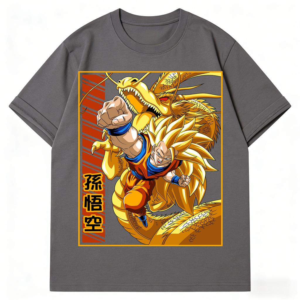 2026 New Dragon Ball Vintage Super Saiyan Goku Golden Shenron Kanji Printed Short Sleeve Tshirt Mens and Womens Tshirt Tops