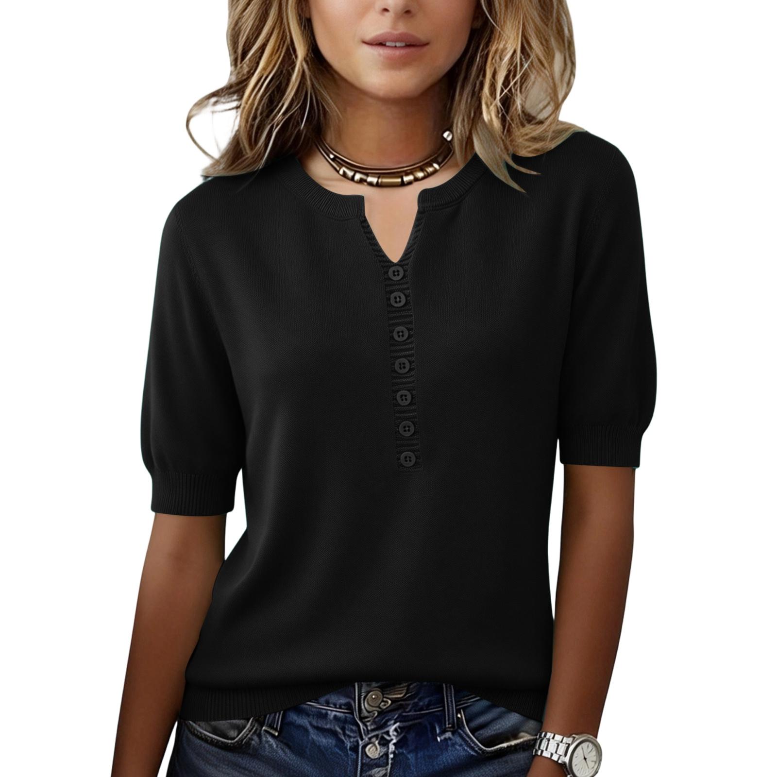 Women s V-Neck Loose Fit Pullover Knit Versatile Short Sleeve Top XXL чёрный