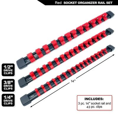 3 PCS Socket Organizer 1/2 3/8 1/4 Inch Drive Socket Rail Holders Heavy Duty Socket Racks, Black Rails with Red Blue Black Clips