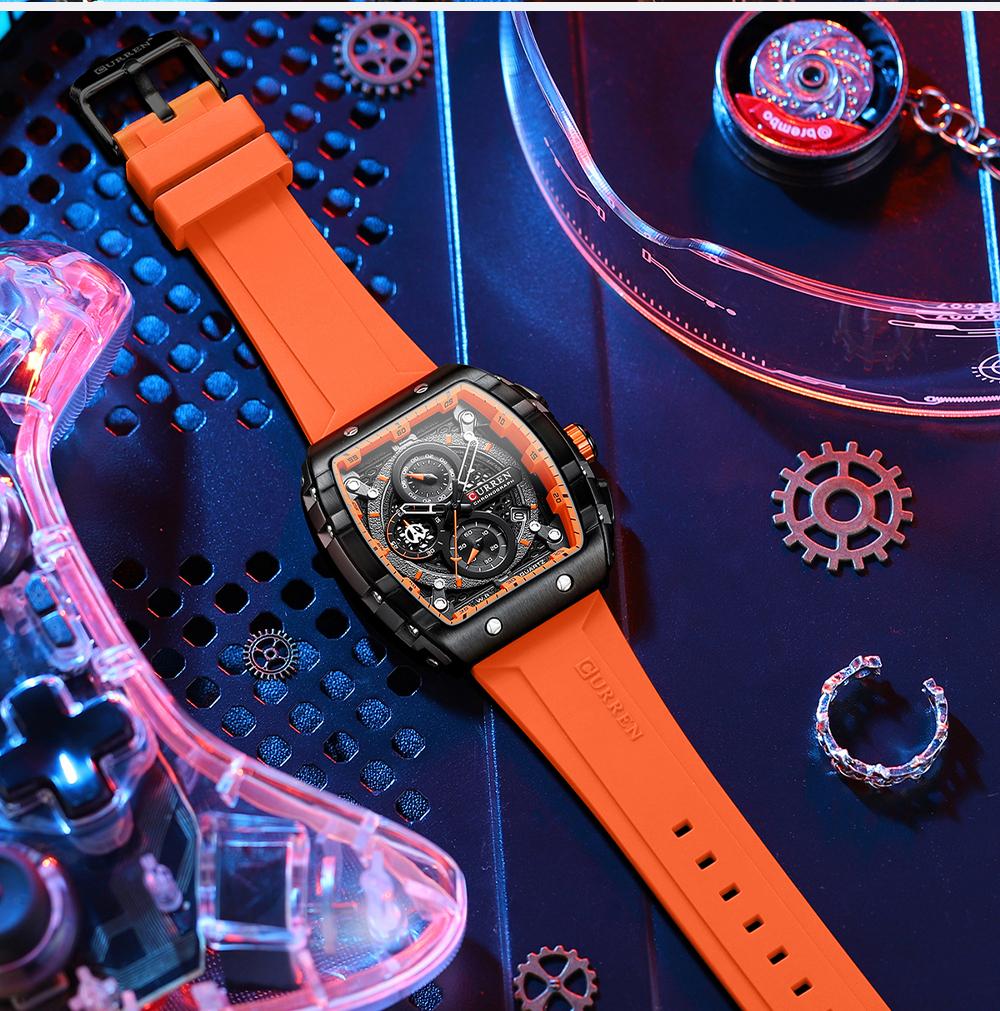 Curren 8442 Luxury Bussiness Chronograph Men's Tonneau Watches Silicone Band Casual Wristwatch Big Dial Quartz Clock