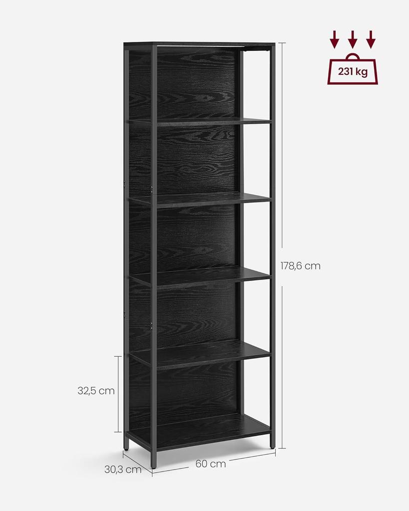 VASAGLE Libreria a 6 Ripiani con Illuminazione LED Regolabile, Scaffale con Struttura in Acciaio, 30,3 x 60 x 178,6 cm, per Soggiorno, Camera da Letto, Studio Nero Ebano