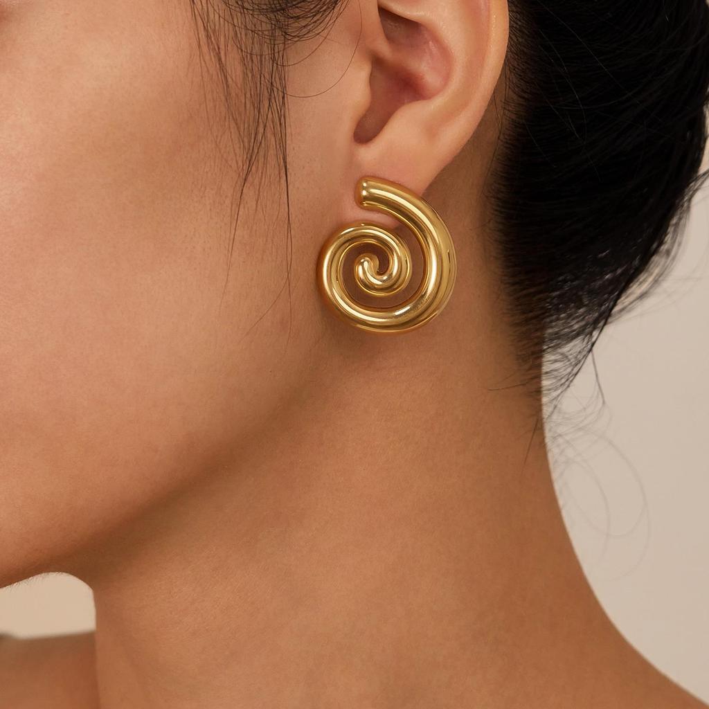 Stainless Steel Gold Spiral Textured Geometric Earrings for Women - European & American Fashion