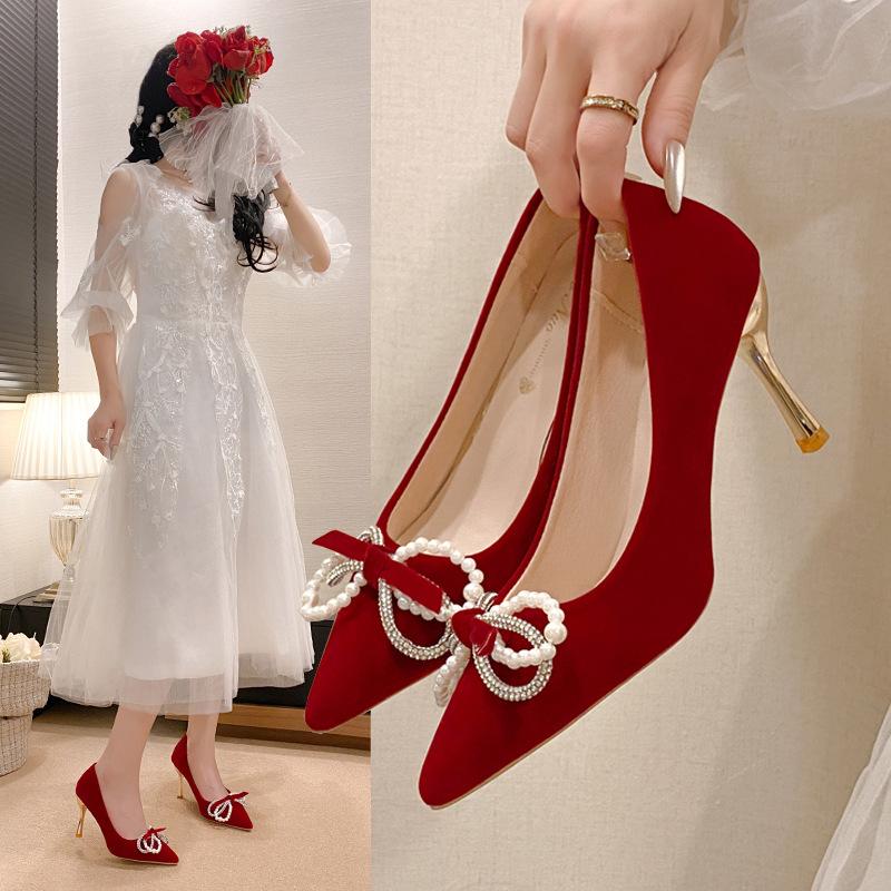 Fashion Beaded Rhinestone Women High Heels Shoes Red Suede Wedding Bridal Pumps Shoes Bow Temperament Thin Heeled Autumn Single Shoe