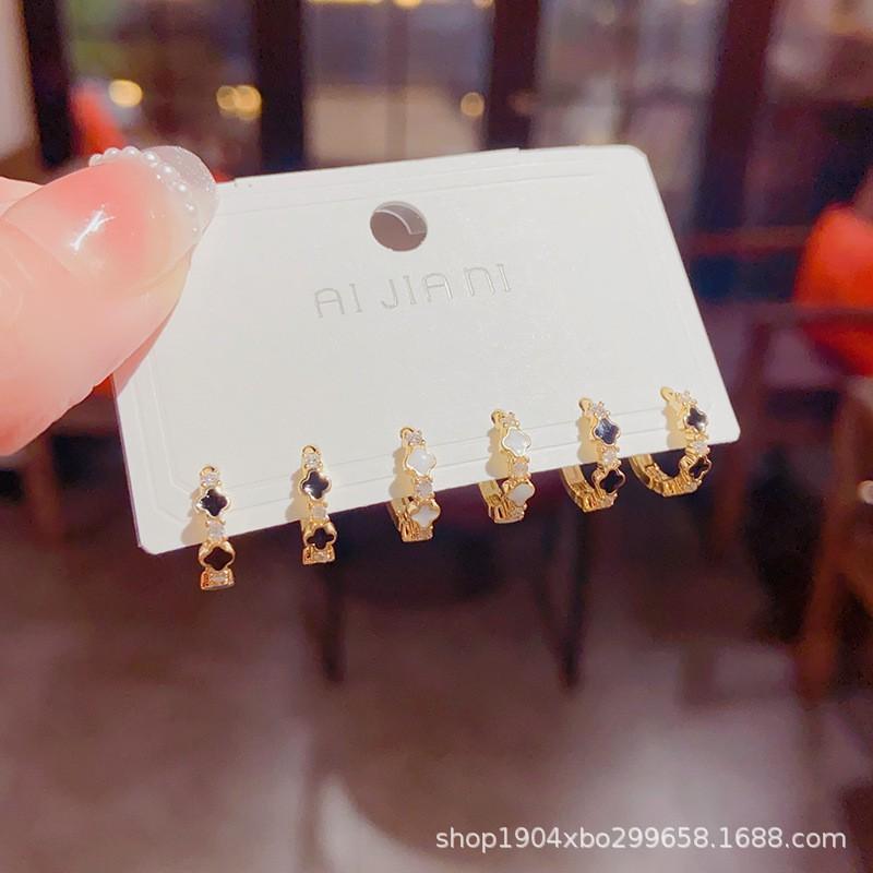 3-Piece Gold Tone Flower Earring Set With Clover Design Women Alloy Studs Hoops Korean Style Daily Wear